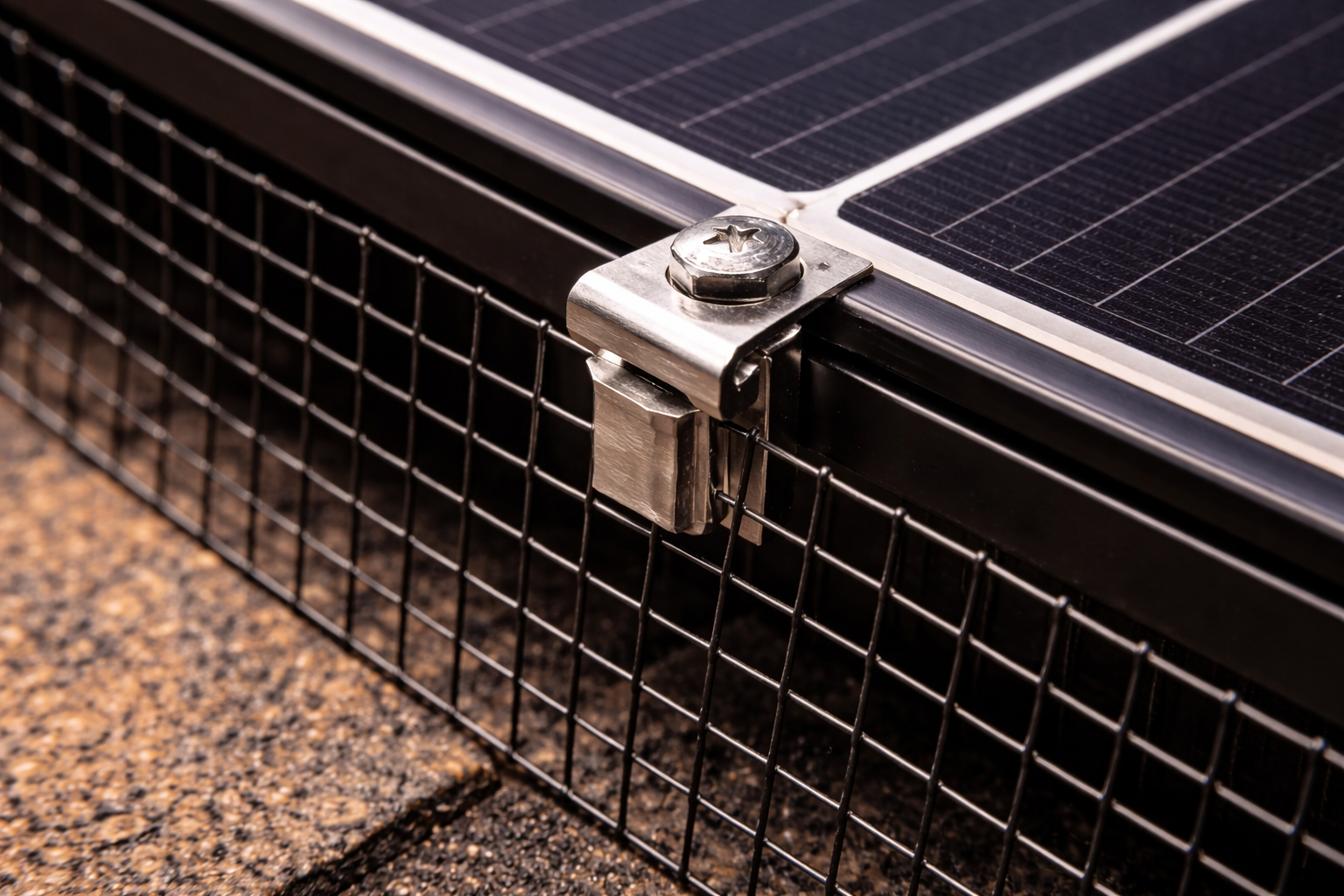 A metal clip secures a wire mesh pest guard to the edge of a solar panel installed on a shingled roof.