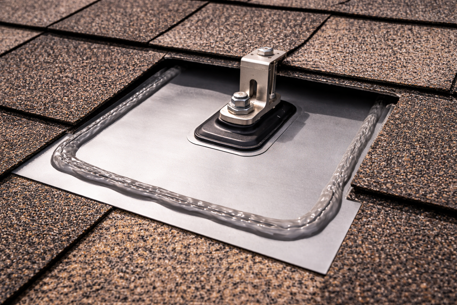 A metal solar roof mount installed on dark asphalt shingles, showing a square flashing plate sealed with gray sealant.