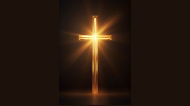 A person is praying with their hands up in front of a cross.