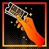 A hand is holding a golden ticket on a black background.
