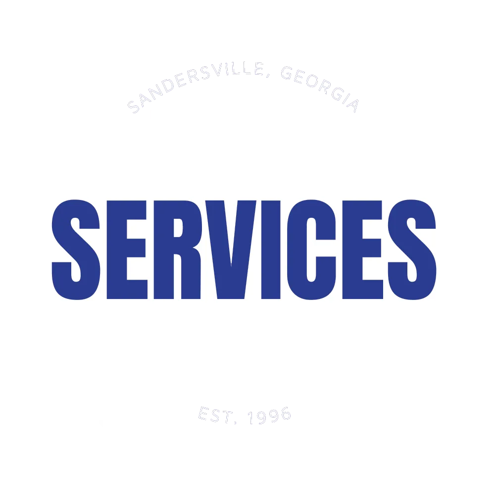 "SERVICES" in blue text, Sandersville, Georgia, Est. 1996, all on white background.