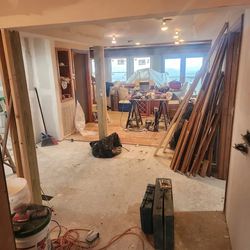Renovation room with exposed walls, tools, and a cat on the floor, leading to a bright living area.