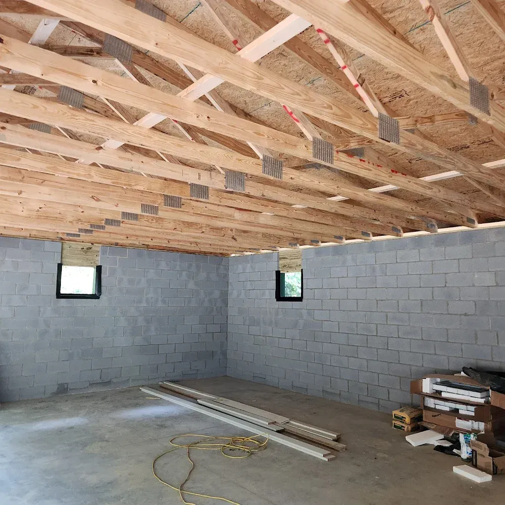 Unfinished room with cinder block walls, exposed roof trusses, and construction materials on the floor.