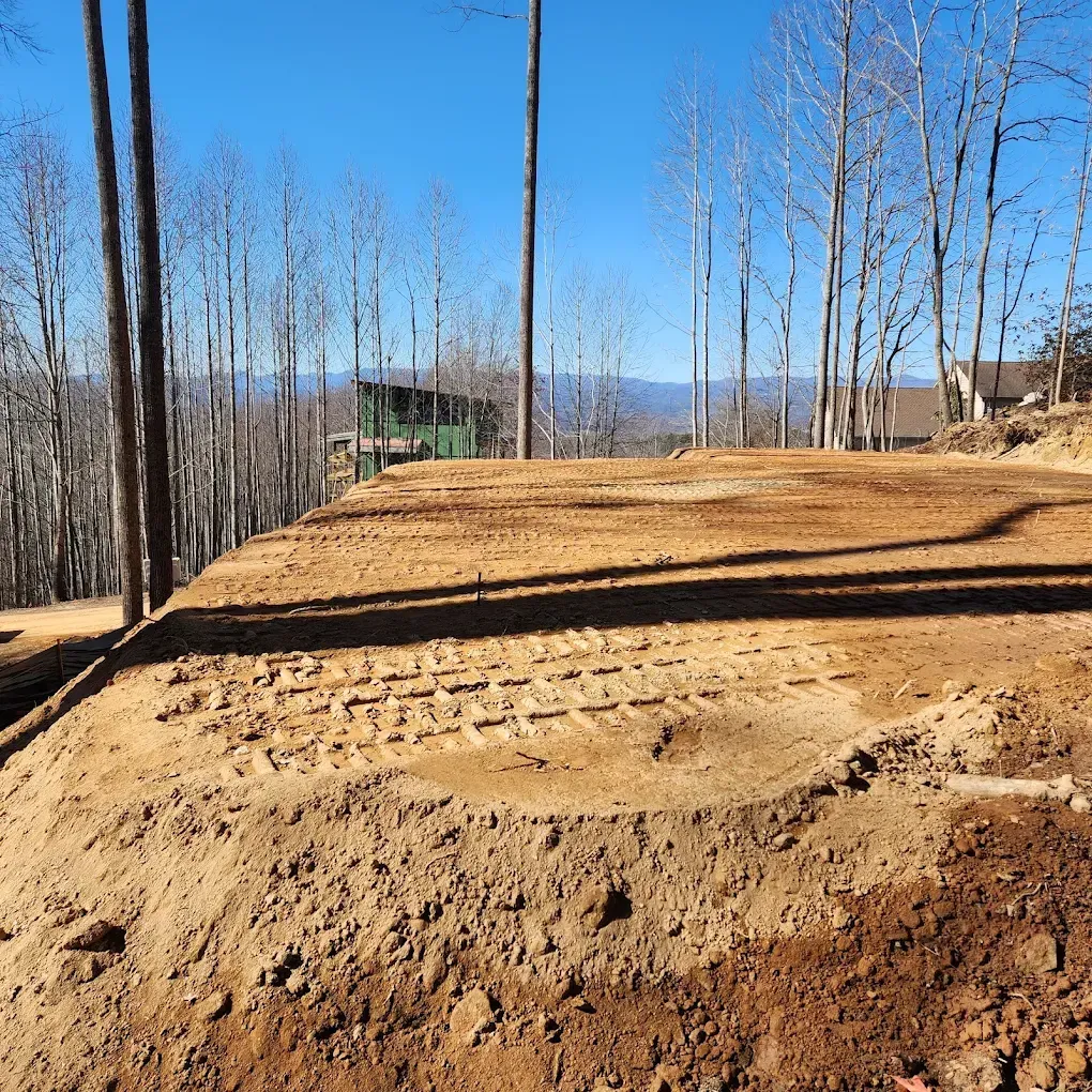 Bare dirt clearing with tire tracks, bare trees, and mountains under a clear blue sky