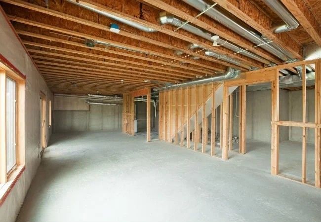 Unfinished basement with exposed wood framing, concrete floor, and large windows along one side.