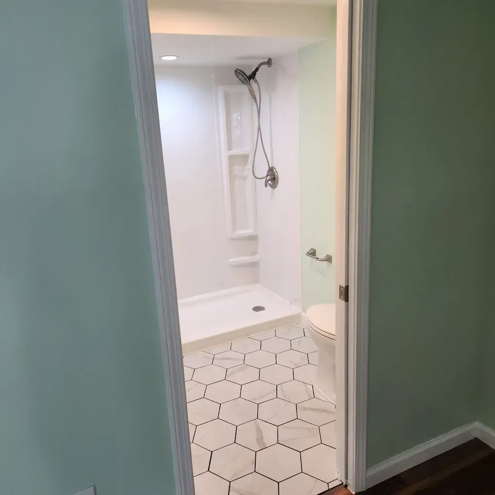 Open bathroom door showing white shower stall with hex tile floor and green hallway walls