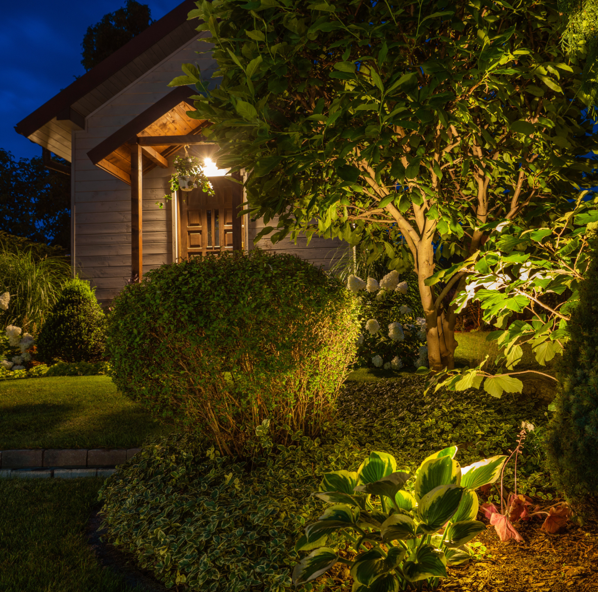 une maison est éclairée la nuit et entourée d' arbres et de buissons