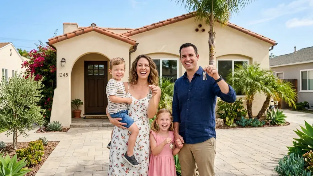 A cheerful family standing in front of their new San Diego home holding keys.