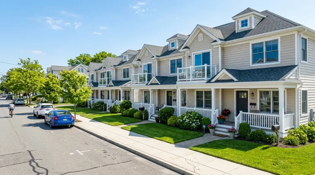 A neat row of rental properties on a bright sunny day