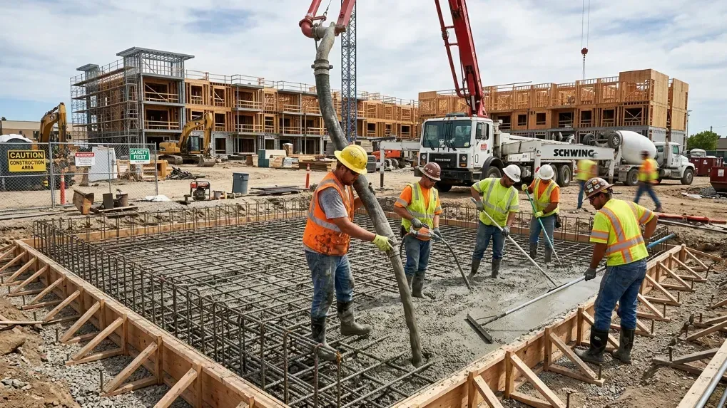 Construction workers pouring concrete for a new multifamily building foundation