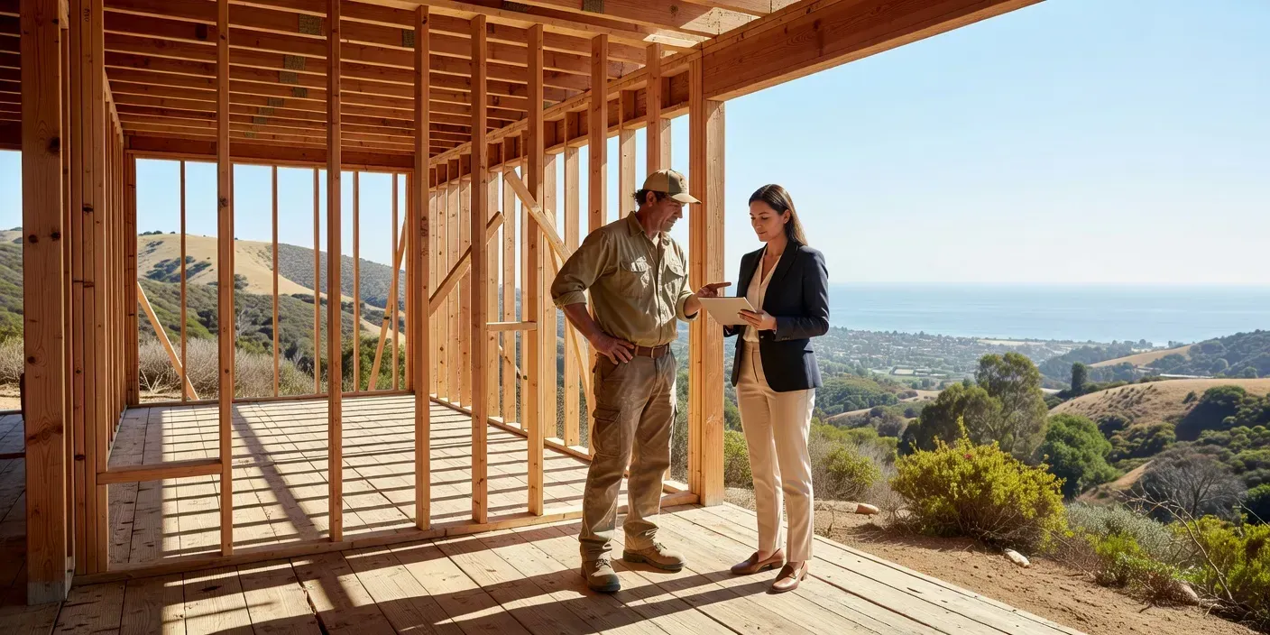Contractor and investor reviewing open framing and a tablet on a San Diego hillside remodel porch at midday