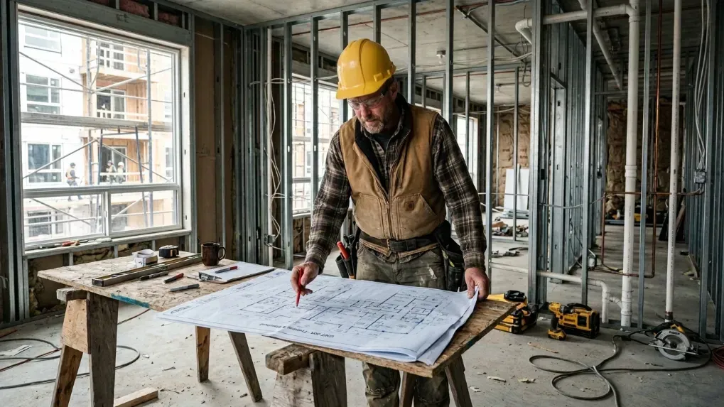 Contractor reviewing blueprints inside an unfinished multifamily apartment unit