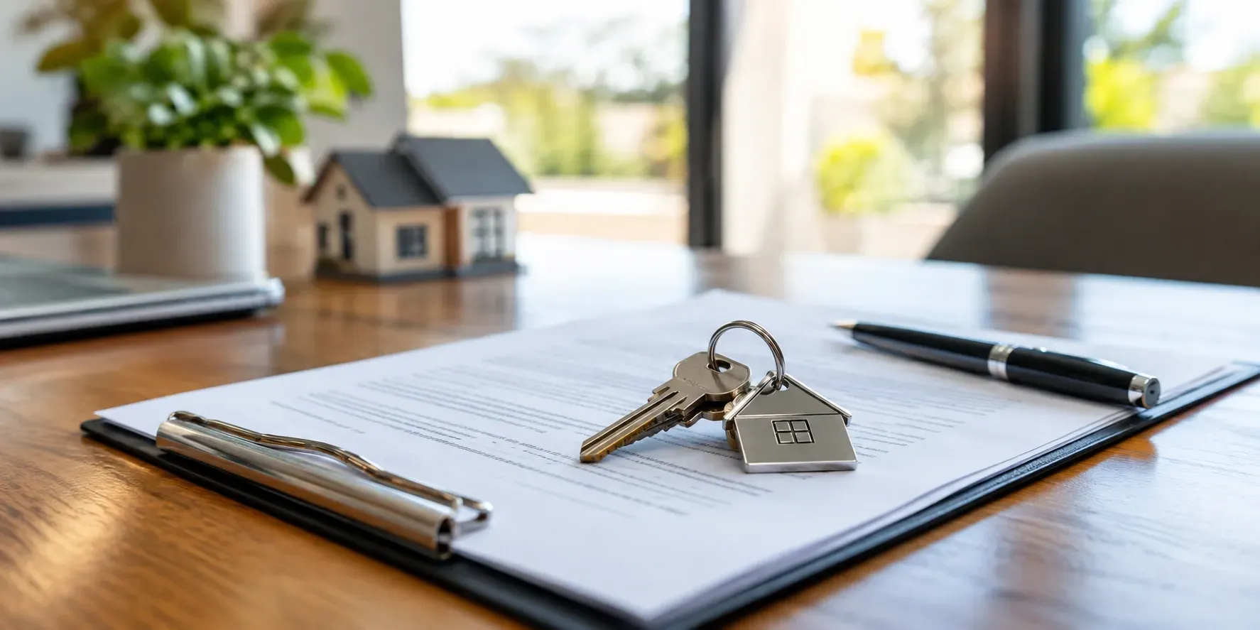 House keys resting on a residential lease agreement on a wooden desk in a modern home office.