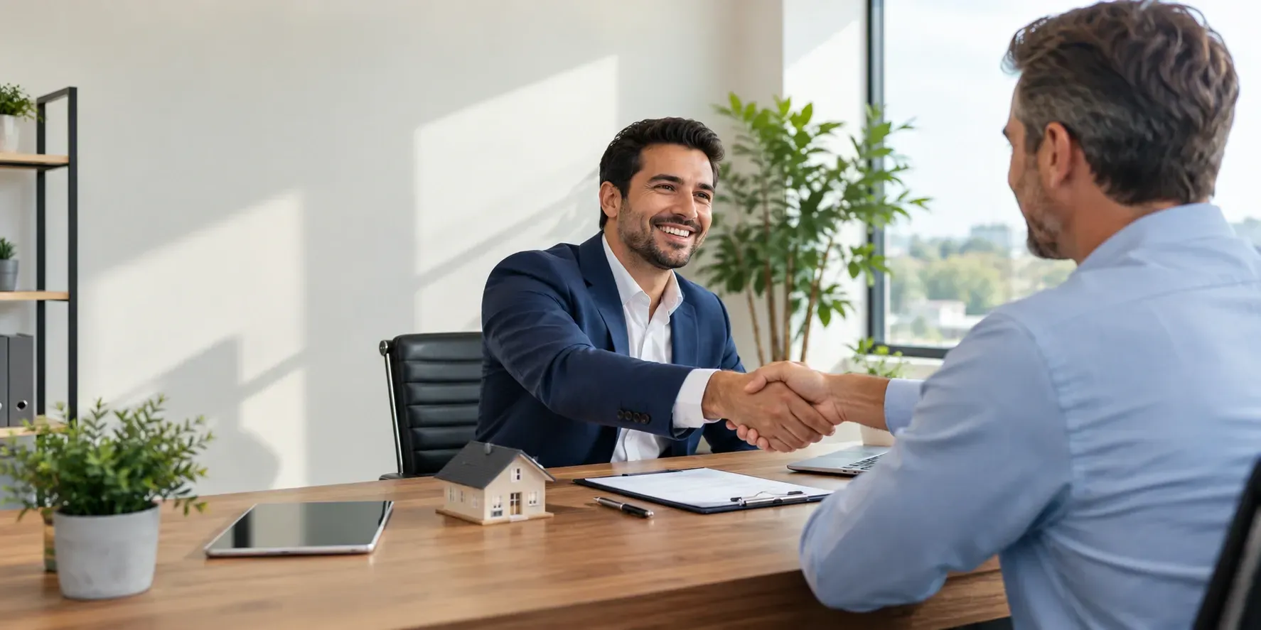 Real estate investor and lender shaking hands across a modern office desk during a business meeting.