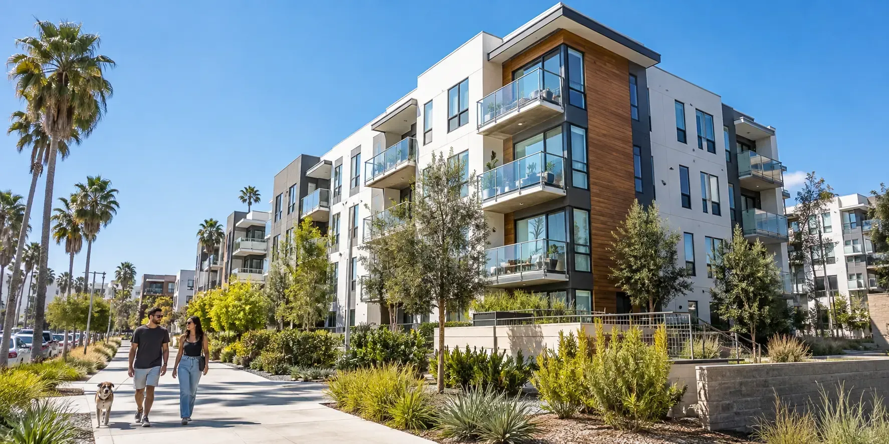 Modern multi-family apartment building in San Diego under clear blue skies with tall palms