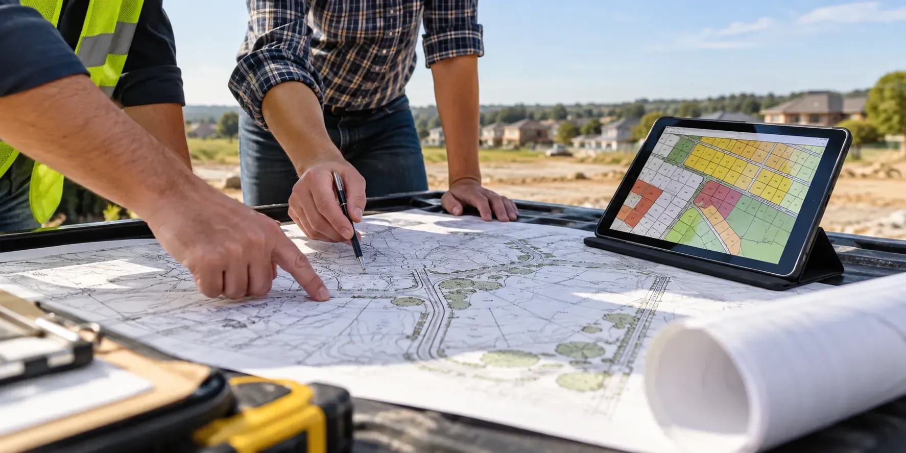 Hands pointing at a land survey map beside a tablet displaying color-coded local zoning codes at an outdoor planning site.