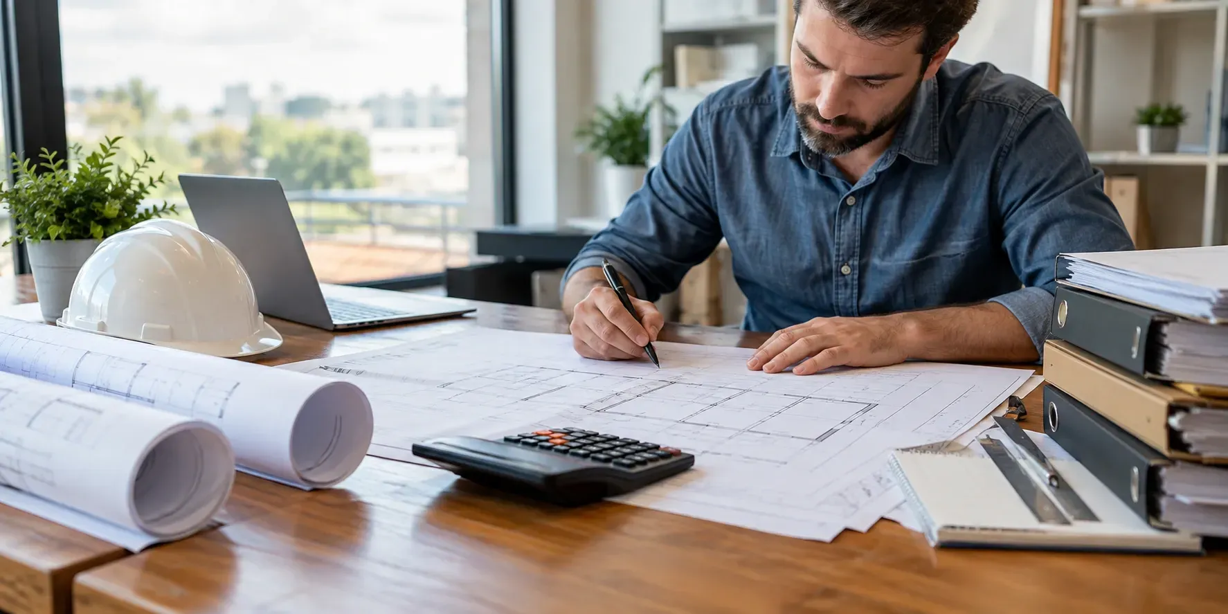 Architect reviewing architectural blueprints at a wooden desk with a calculator, laptop, hard hat, and organized financial folders in a modern, sunlit office.