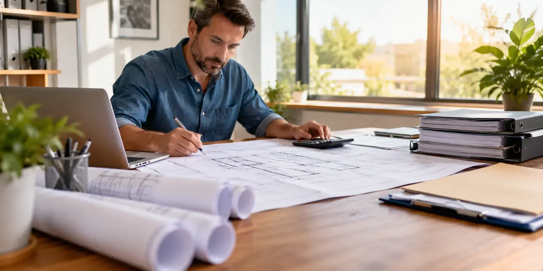 Architect reviewing blueprints with calculator and sorted folders at a wooden desk indoors.