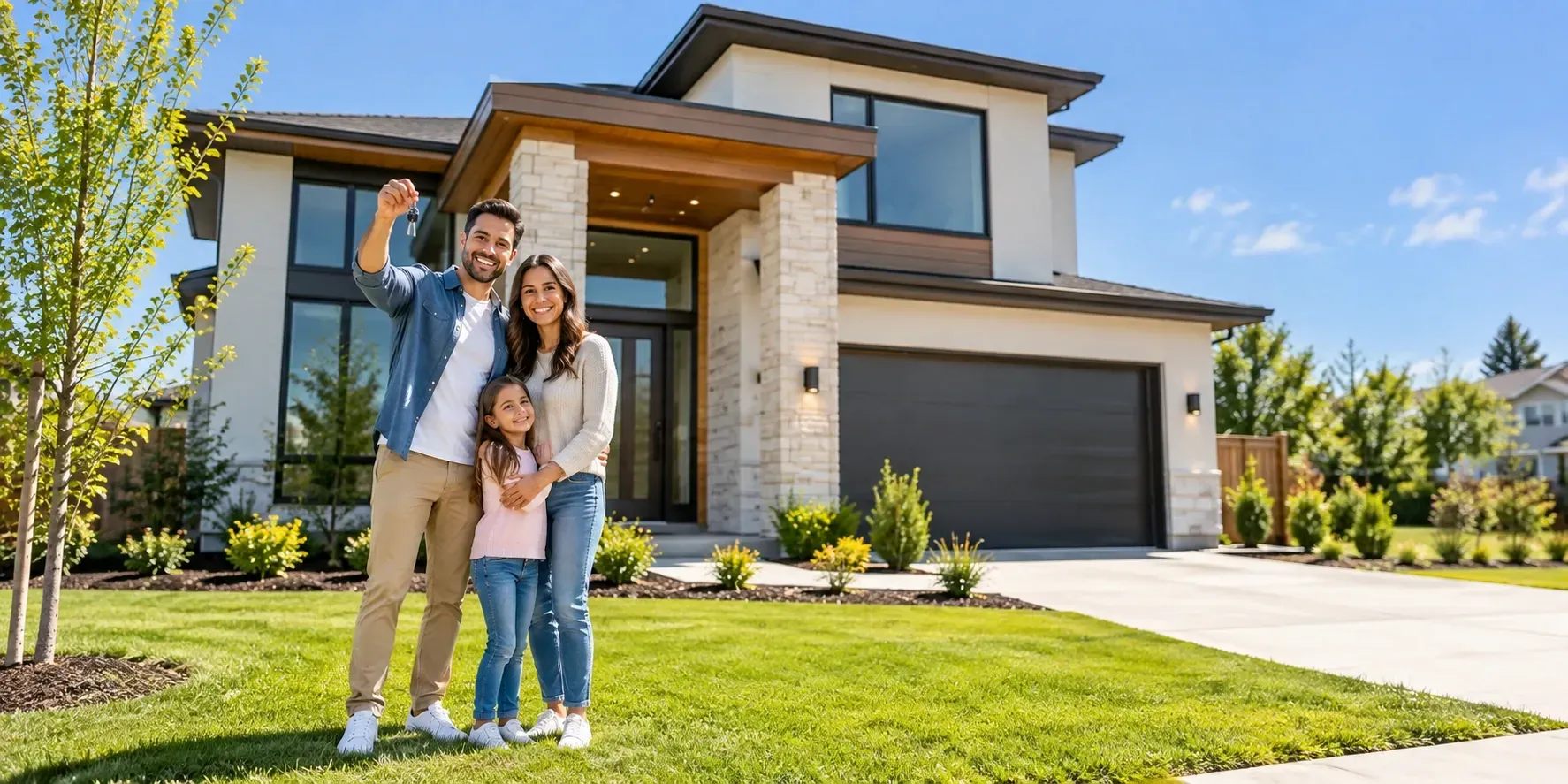 Modern newly built two-story home with a family celebrating their new house, standing on the front lawn and holding up house keys on a sunny day.