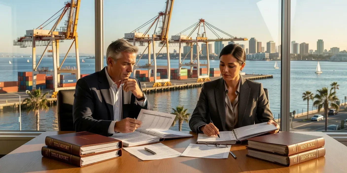 San Diego CA investor and lender reviewing title and rent-roll binders at a bright office table with harbor cranes visible outside