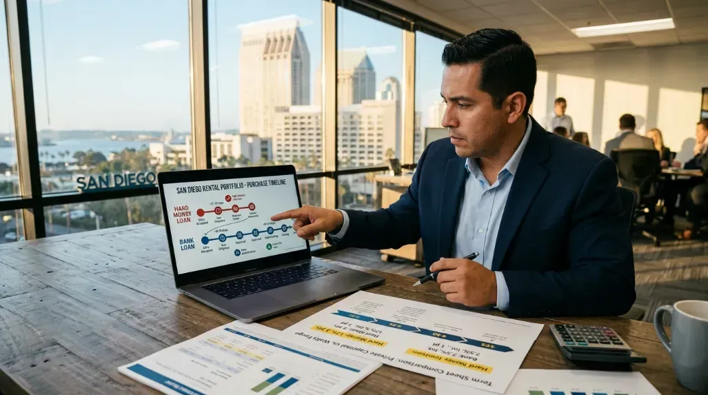 San Diego CA investor reviewing hard money vs bank loan terms on a purchase timeline

