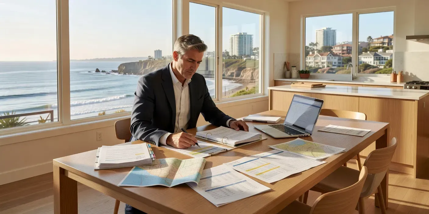 San Diego CA investor reviewing property documents and neighborhood comps at a bright kitchen table overlooking coastal light