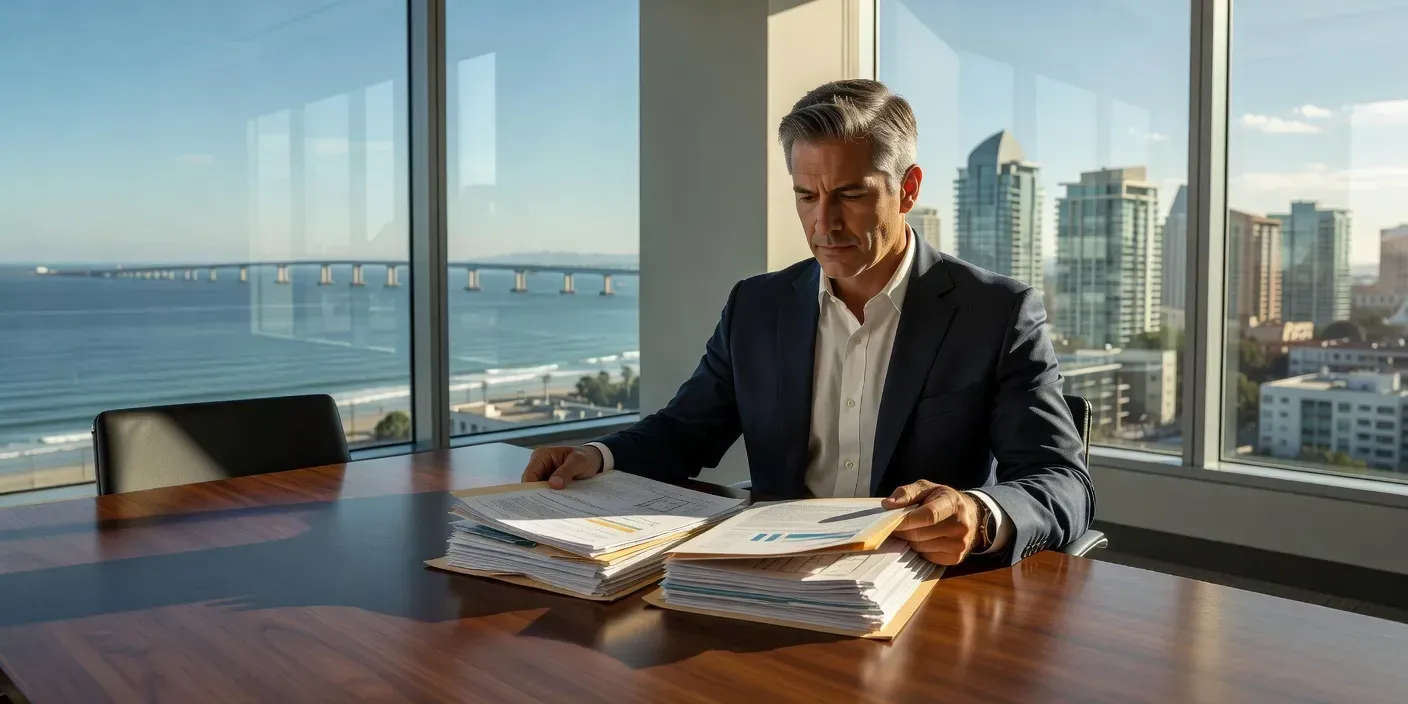 San Diego CA real estate investor comparing two property packets side by side on a conference table with coastal skyline visible through glass