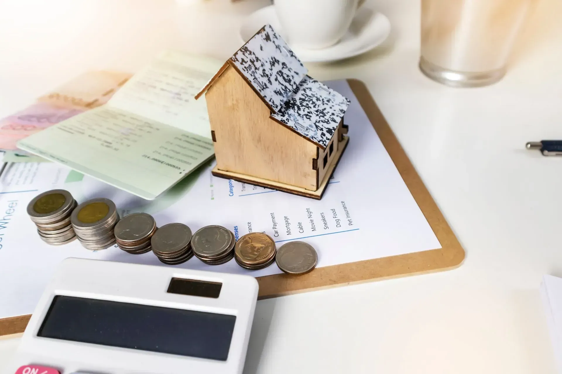San Diego Hard Money Lender-A small wooden house model on documents, surrounded by stacks of coins, a calculator, and a coffee cup. The image conveys financial planning.