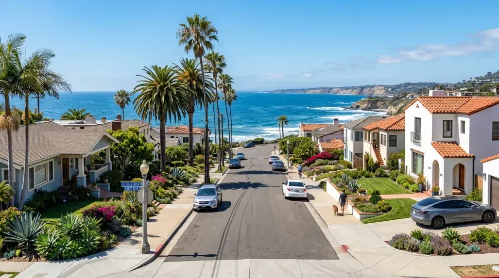 San Diego coastal neighborhood street with single-family homes and clear California light
