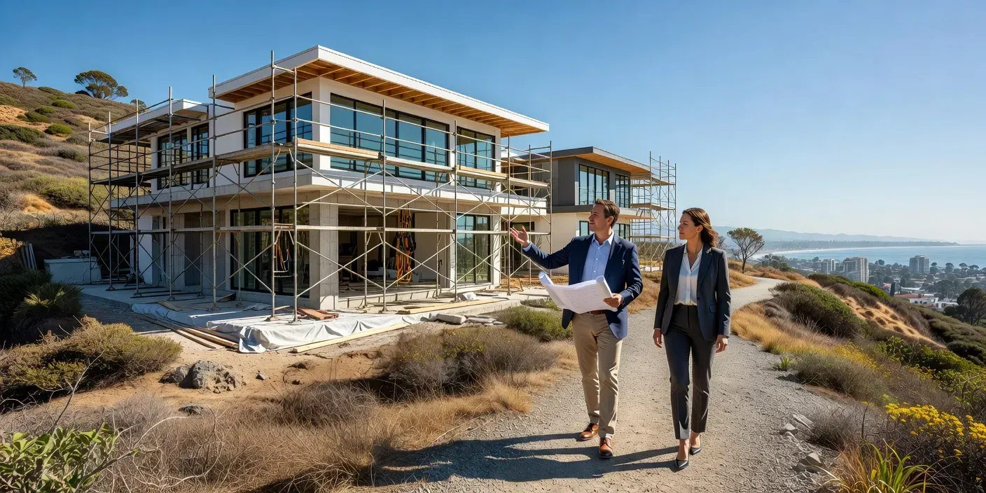 San Diego hillside property with scaffolding and a lender walking the exterior with an investor at midday