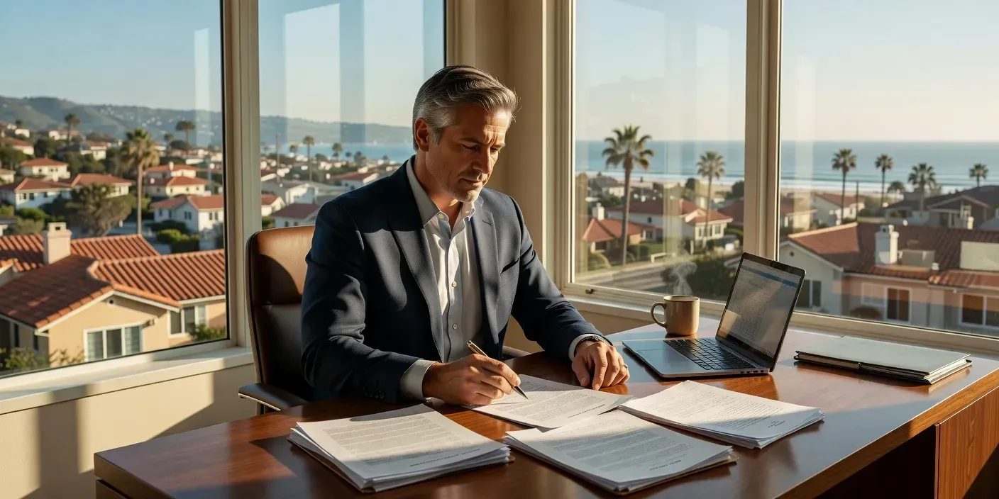 San Diego investor reviewing refinance and sale documents at a sunlit desk overlooking coastal residential rooftops