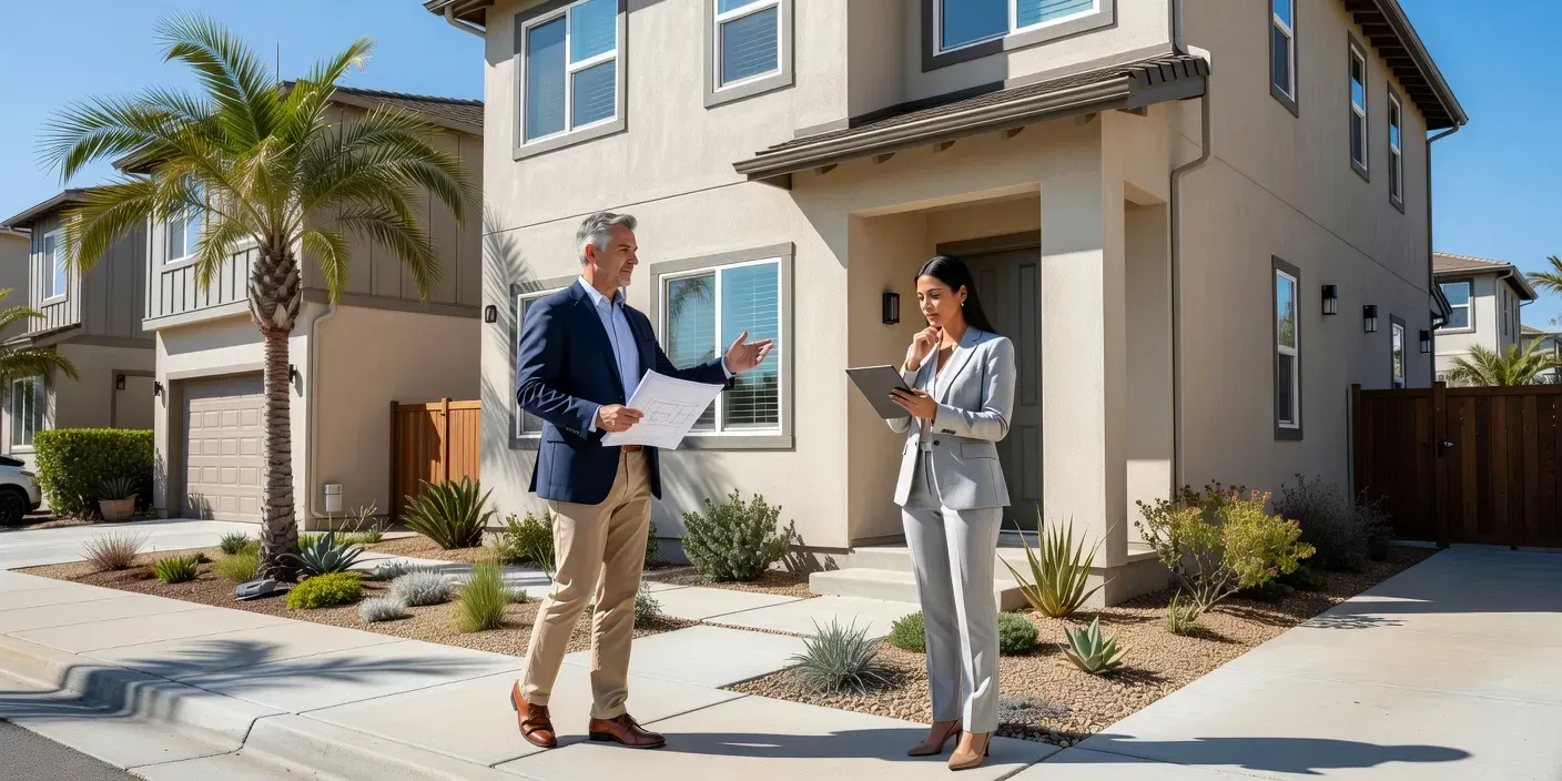 San Diego investor walking a finished Mid-City duplex exterior while a loan officer reviews a refinance checklist on a tablet under clear coastal light