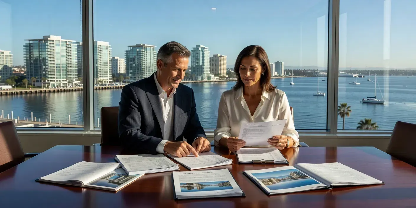 Two San Diego investors comparing refinance term sheets and a property listing packet on a conference table with harbor-view condos visible through the window