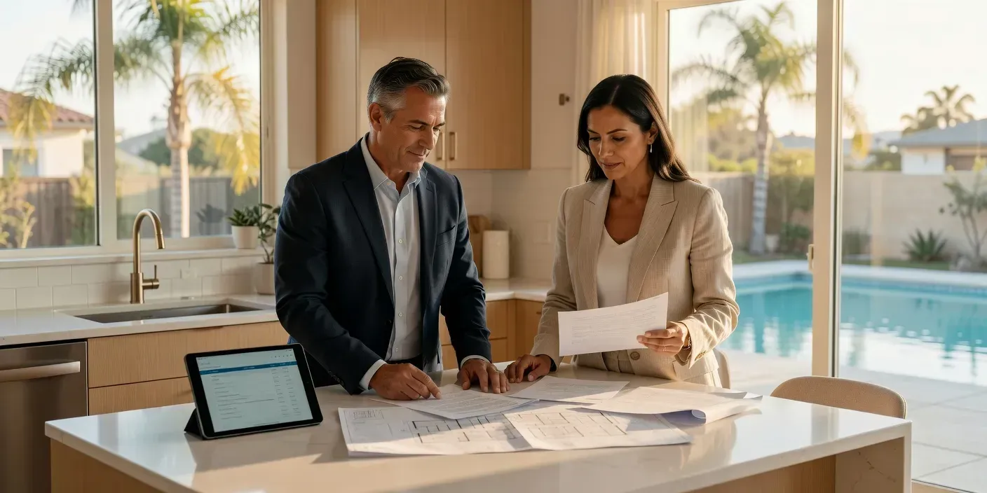 Two investors comparing term sheets at a sunlit San Diego kitchen island with floor plans and a tablet open
