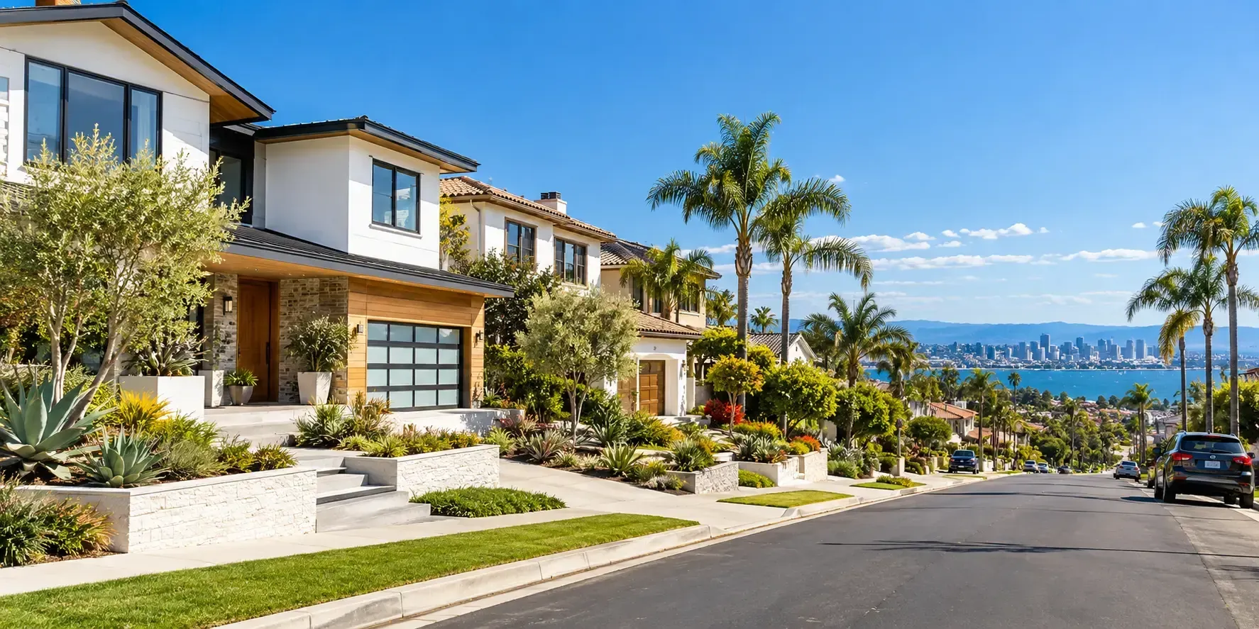 Sunny San Diego neighborhood street lined with newly renovated homes, modern landscaping, palm trees, and a coastal city view in the distance.