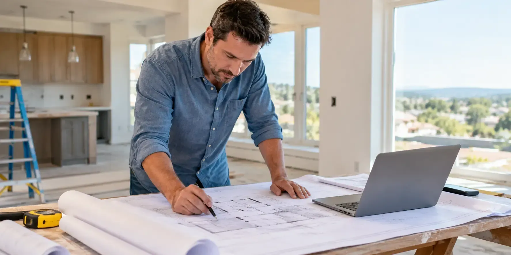 Real estate investor reviewing property blueprints on a table beside a laptop in a modern home renovation project.