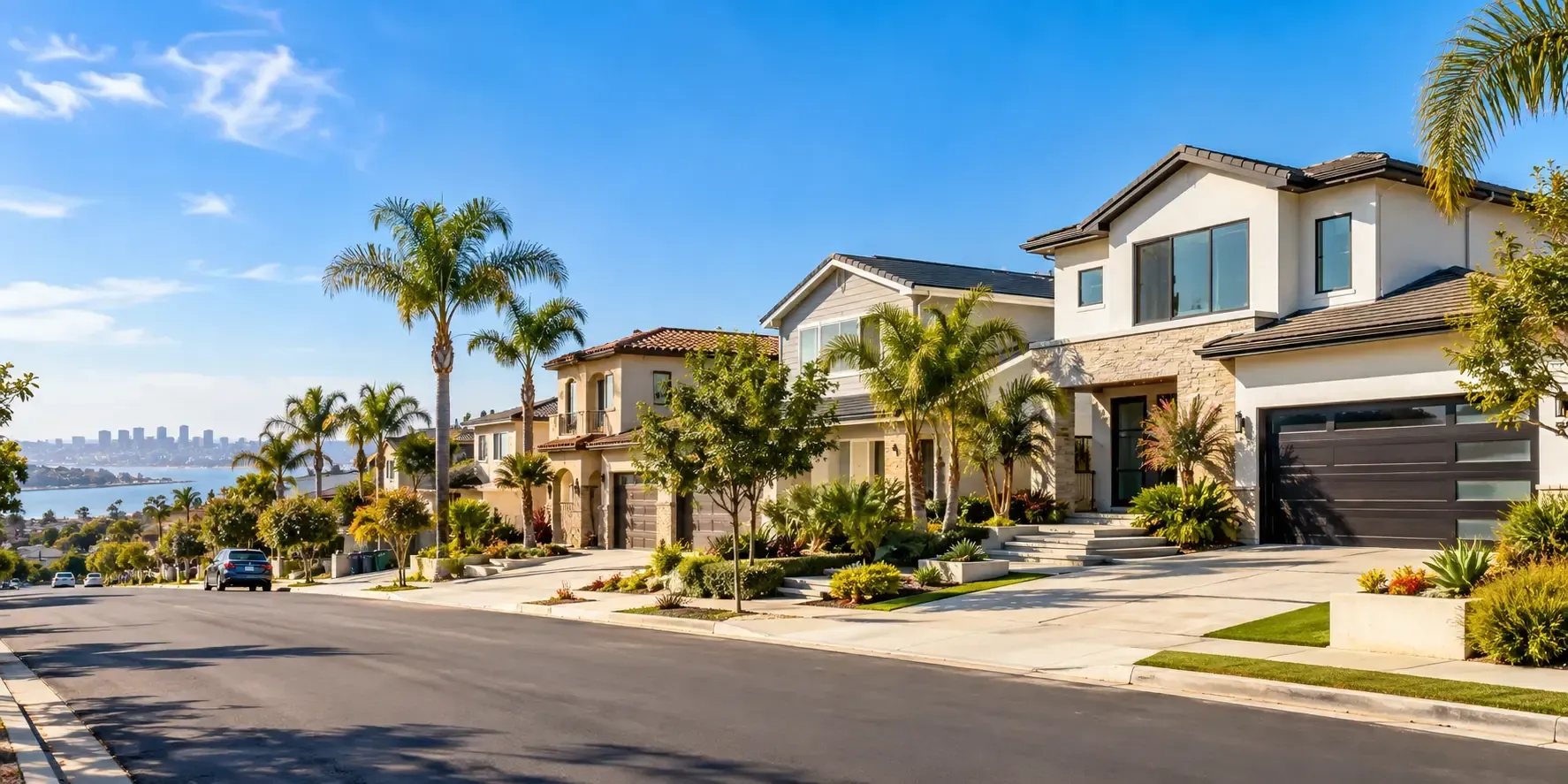 Sunny San Diego neighborhood street with newly renovated modern residential properties.
