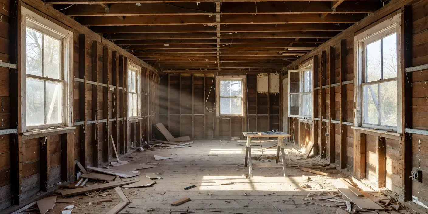 photographic interior of a San Diego CA bungalow mid-rehab with exposed framing and sunlight through open windows