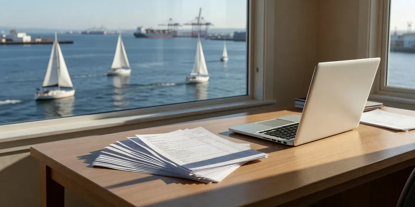 photographic interior of a San Diego home office desk with printed bank statements, laptop, and harbor light through a window