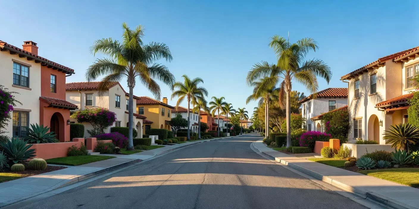 photographic view of a San Diego CA street with Spanish-style homes and palm shadows on a clear morning