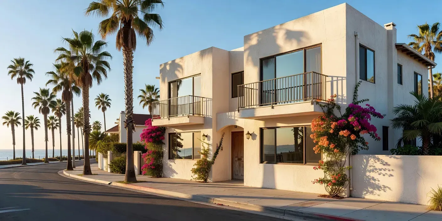 photographic view of a San Diego coastal duplex exterior with palm-lined street and afternoon light on stucco walls