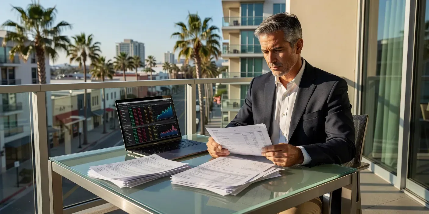 photographic view of a San Diego investor reviewing stacked bank statements beside a laptop on a sunlit condo balcony overlooking palm-lined streets