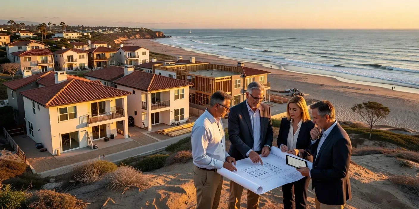 photographic view of a coastal San Diego multi-unit property with investors reviewing plans on site at golden hour