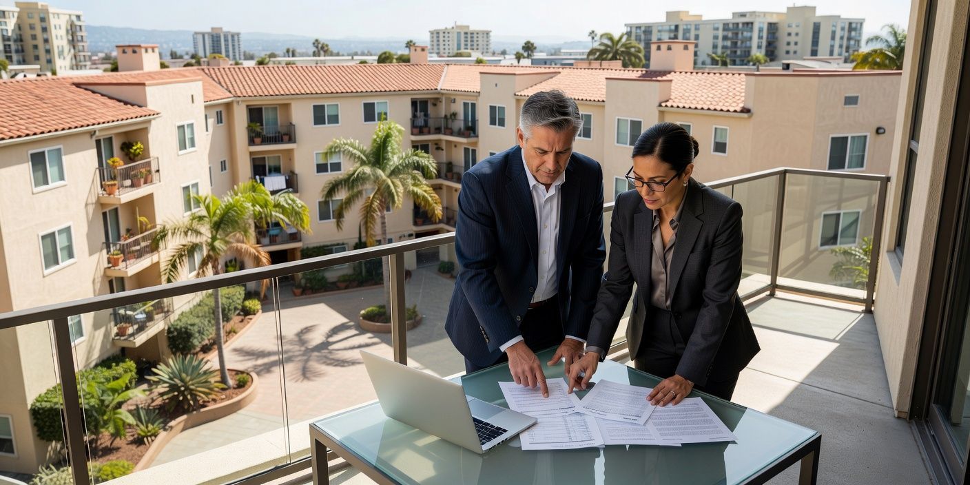 Two investors comparing loan term sheets beside a laptop on a balcony with a mid-rise San Diego apartment courtyard below