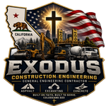 EXODUS Construction Engineer logo with California map, cross, U.S. flag, and heavy machinery