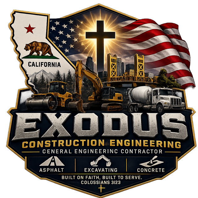 EXODUS Construction Engineer logo with California map, cross, U.S. flag, and heavy machinery