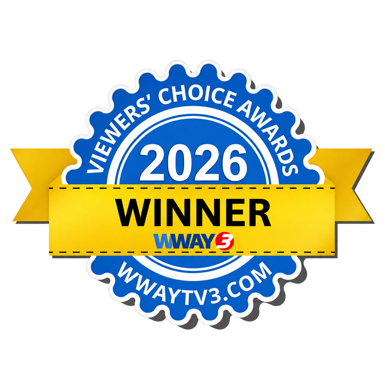 2026 Viewers’ Choice Awards winner badge in blue, gold, and yellow with WayTV3.com logo