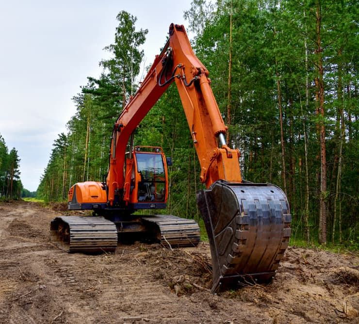 A Large Orange Excavator is Working on a Dirt Road in the Woods — Ability Tree Service in Darawank, NSW