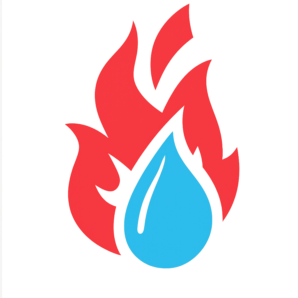 Blue water droplet over red flames icon
