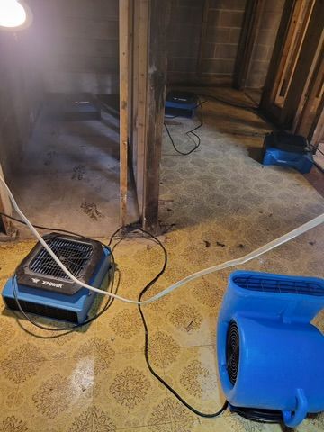 A damp basement with blue fans and a dehumidifier drying the floor and exposed wooden beams.